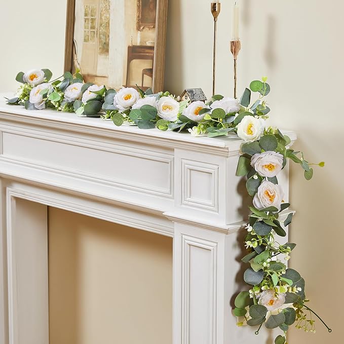 4 Pack Artificial Eucalyptus Flower Garland with White Roses, Faux Floral Greenery Garland Fake Flower Vines for Wedding Party Centerpiece Table Runner Arch Party Backdrop Decor (4PCS, White)