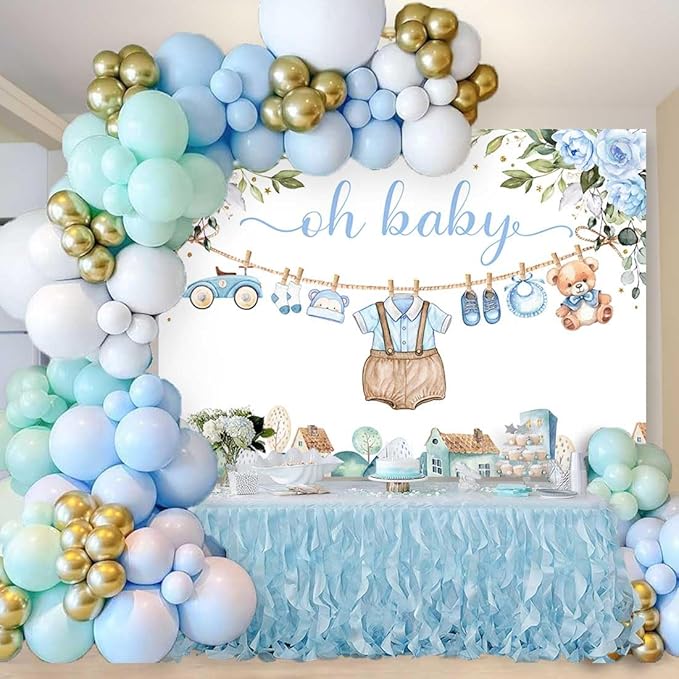 Sensfun Cute Clothes Baby Shower Backdrop for Boys Oh Baby Newborn Blue Floral Eucalyptus Leaves Adventure Baby Shower Party Decorations Banner Supplies Photo Booth Studio Props 7x5ft