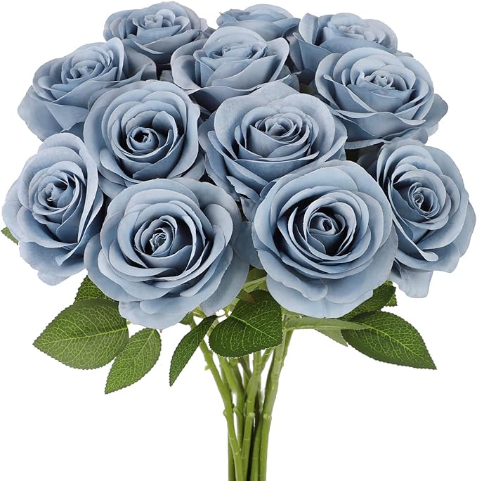 12pcs Roses Artificial Flowers Dusty Blue Silk Roses with Long Stems Fake Flowers for Wedding Bouquet Centerpices Decorations Party Bridal Baby Shower Home Decor