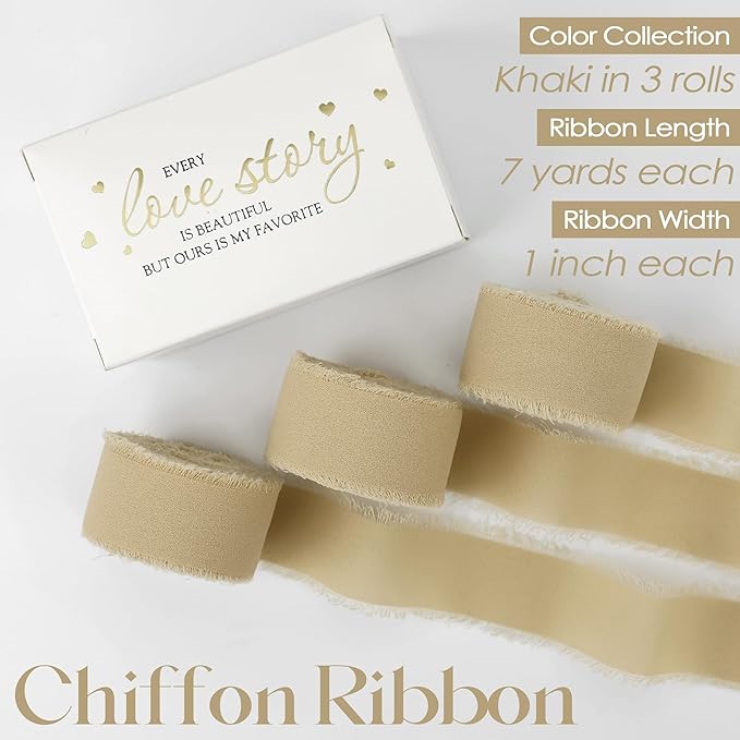 MEEDEE Khaki Chiffon Ribbon 1 Inch Fringe Ribbons Cream Chiffon Silk Frayed Edge Ribbon Thin Chiffon Ribbons for Crafts, Gift Wrapping, Wedding Invitation (3 Rolls 21 Yards)