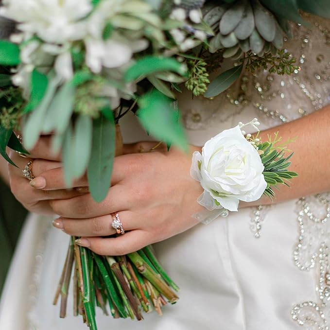 Artificial Flowers White Rose Wrist Flowers and Men's Corsage Wedding Flowers Ceremony Prom Flower (2 Boutonniere & 2 Wrist Corsage White)