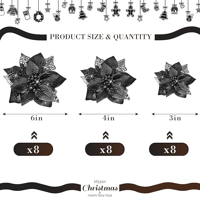 Boao 24 Pieces Christmas Artificial Glitter Poinsettia Flowers Xmas Flowers Wedding Christmas Tree New Year Ornaments(Black)