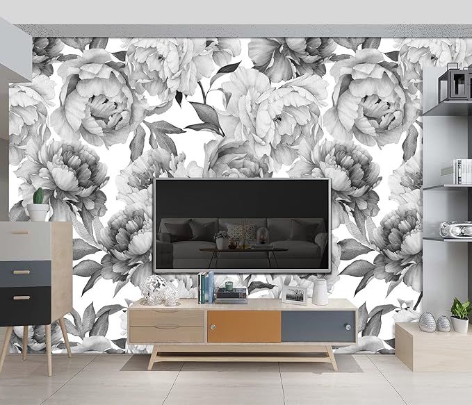 Grey Peony Floral Wallpaper Bedroom Black and White Botanical Flowers Leaf murals Aesthetic Room Decor Living Room tv Background Large Wall Mural - 160"x108" Not Peel and Stick