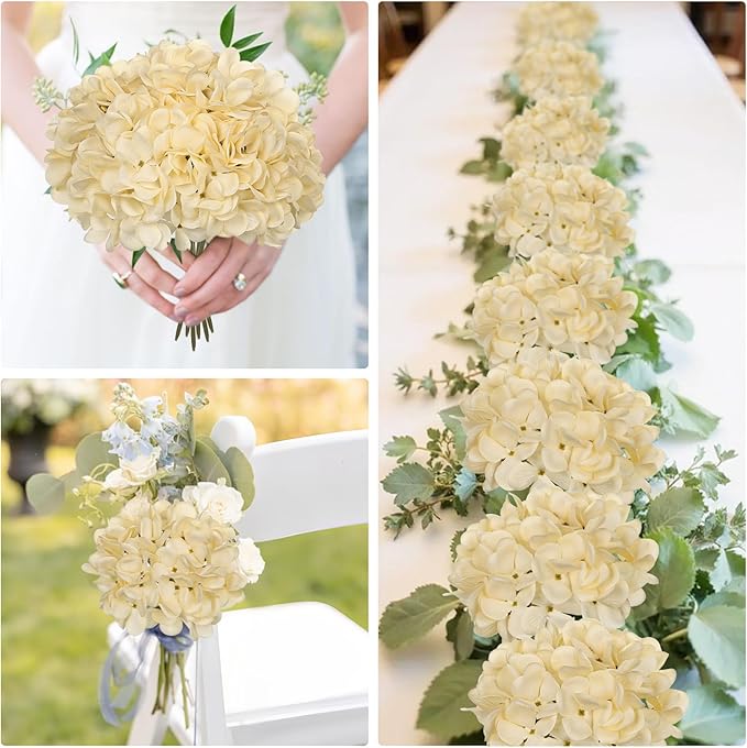 Hollyone 6 Pcs Beige Hydrangea Artificial Flowers Heads with Stems Silk Faux Hydrangea Champagne Fake Flowers for Home Indoor Outdoor DIY Floral Wedding Flower Bouquets Kitchen Table Centerpiece Decor