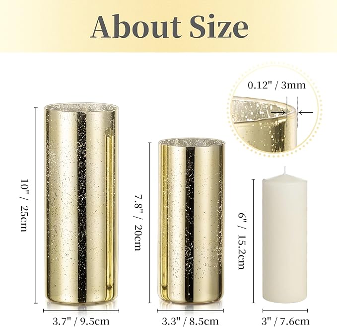 Glass Cylinder Vases Set of 24, Hewory Glittery Gold Vase for Centerpieces, Glass Hurricane Candle Holders for Pillar Floating Candle, Tall Round Vase for Wedding Anniversary Events Home Table Decor