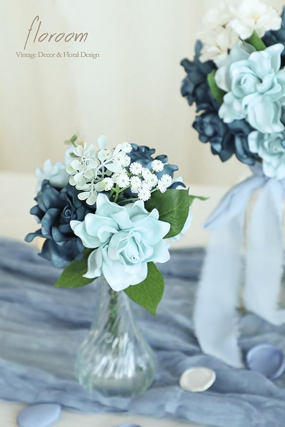 Floroom Artificial Gardenia Flowers 2.7" 25pcs Real Looking Dusty Blue Shades Foam Fake Flowers with Stem for DIY Wedding Bouquets Bridal Shower Centerpieces Floral Arrangements Party Table Decoration