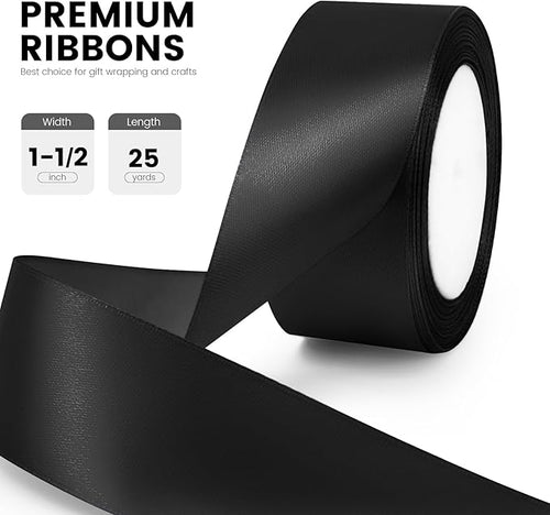 1-1/2" x 25 Yards Satin Ribbon, Black Silk Ribbon Ideal for Gift Wrapping, Floral Bouquets, Crafts, Wedding Party Decorations, Christmas and Sewing Projects