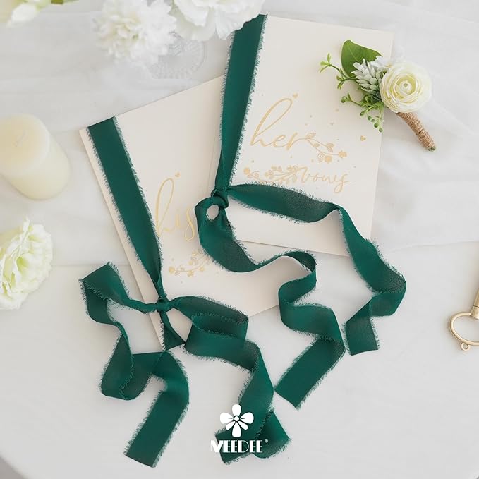 MEEDEE Dark Green Chiffon Ribbon 1 Inch Green Frayed Ribbons Green Chiffon Silk Hunter Green Ribbon Thin Chiffon Ribbons for Crafts, Gift Wrapping, Wedding Invitation (3 Rolls 21 Yards)