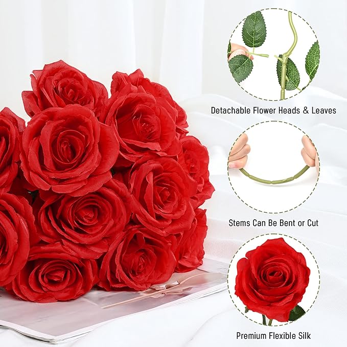Waipfaru 12 Pcs Artificial Flowers Fake Silk Roses, Faux Real Touch Roses Bouquet with Long Stem for Wedding Party Home Decor (Red)