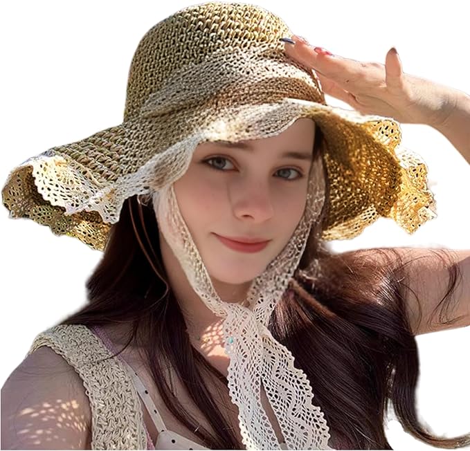 Ladies Wide Brim Beach Straw Hat Summer Vacation Sun Protection Hat Braided Lace Edge Hat Soft Foldable Lightweight
