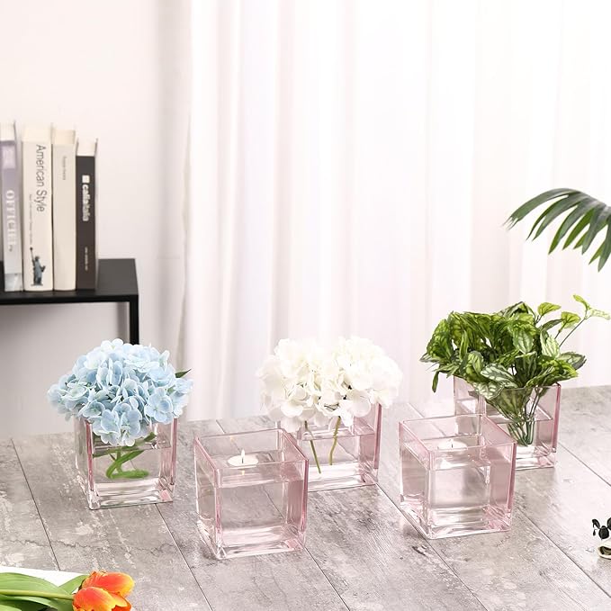 Square Glass Vases Set of 9, 4"x 4"x 4" Flower Vases for Centerpieces, Pink Glass Vase for Flowers, Small Vase for Wedding, Party, Home Office Decoration