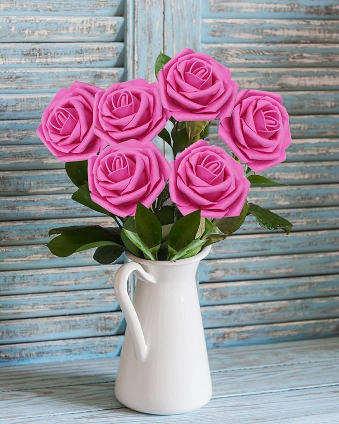 JOYLEX 100PCS Hot Pink Artificial Flowers Realistic Roses, Real Looking Fake Roses with Stem for DIY Wedding Bouquets Centerpieces Bridal Shower Party Home Romantic Decorations (Hot Pink, 100pcs)
