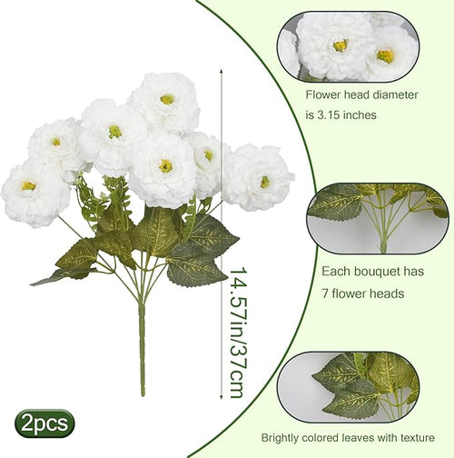 2 Pcs Artificial Flowers Spring Summer Outdoor Flowers White Zinnias Silk Flowers with Stems Zinnia Elegans Artificial Zinnias for Outdoors Floral Arrangements Table Centerpieces Wedding Decor