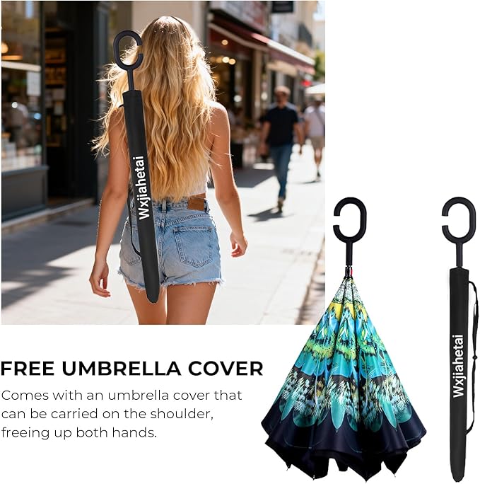 Inverted Umbrella, 49 Inch Double-Layer Vented Reverse Umbrella, Windproof Waterproof UV Protection, Lightweight C-Handle, Fiberglass Ribs, Steel Shaft, Travel/Commute/Car Use, With Sleeve