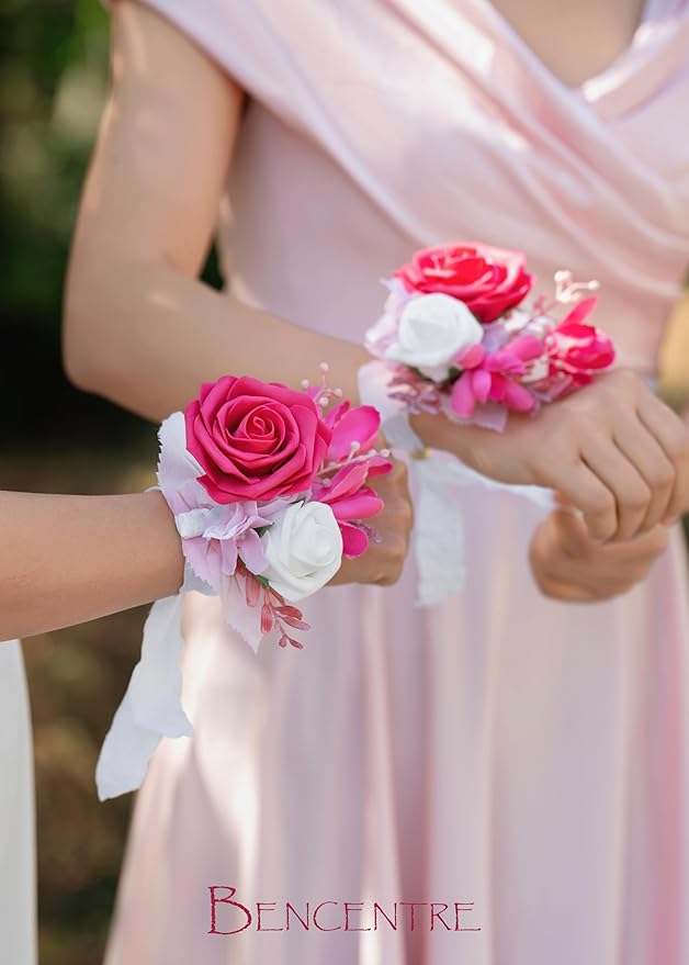 Hot Pink Wrist Corsage for Wedding(Set of 6), Wrist corsages for Prom,Party Prom Hand Flower Decor,Mother of The Bride Corsage,Bridesmaid Wrist Corsage
