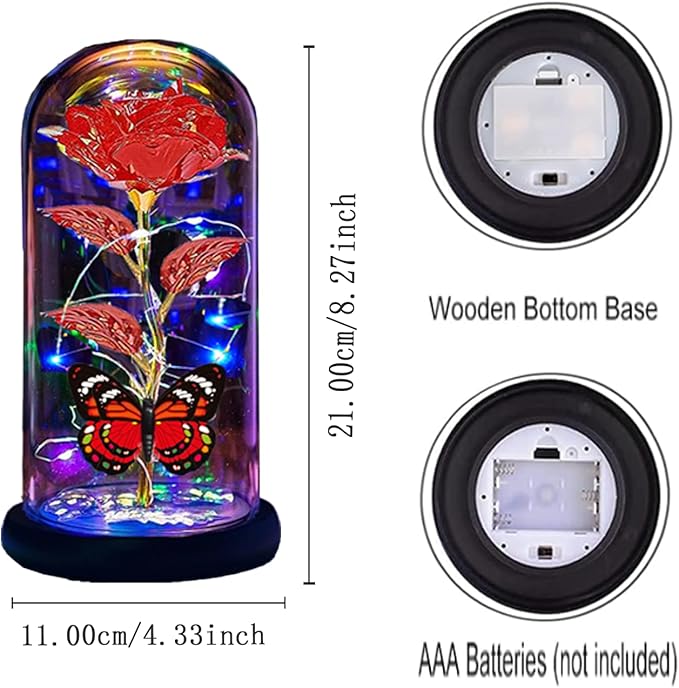Christmas Rose for Women Mom Wife Her,Womens Gifts for Christmas,Light Up Rose Flower Gifts for Women,Glass Butterfly Gifts for Sister, Birthday Gifts for Mom Red