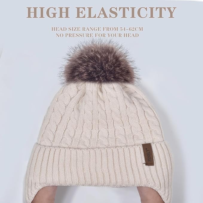 FENELY Women's Knitted Warm Beanie Winter Hat, Warm Chunky Snow Hat with Pompom