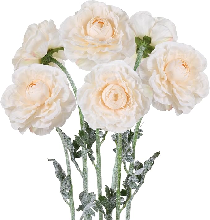 6Pcs Champagne Ranunculus Artificial Flowers 19.7’’ Realistic Faux Ranunculus Silk Peonies with Stems for Wedding Home Party Garden Outdoor Decoration(Champagne)
