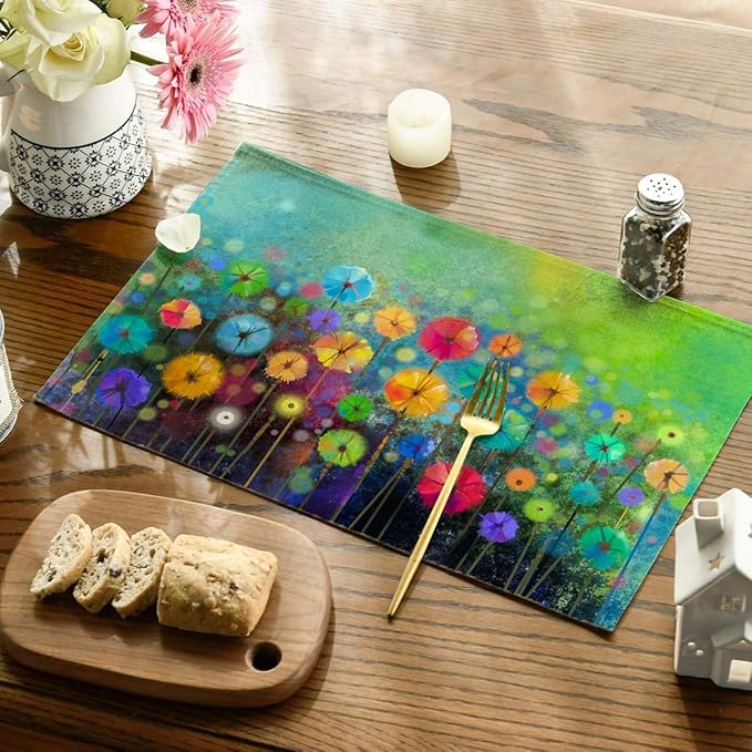 Placemats Set of 4 Watercolor Floral Place Mats Washable Table Dinner Mats Linen Table Mats for Kitchen Dining Party Home Kitchen Decor 12x18 Inch
