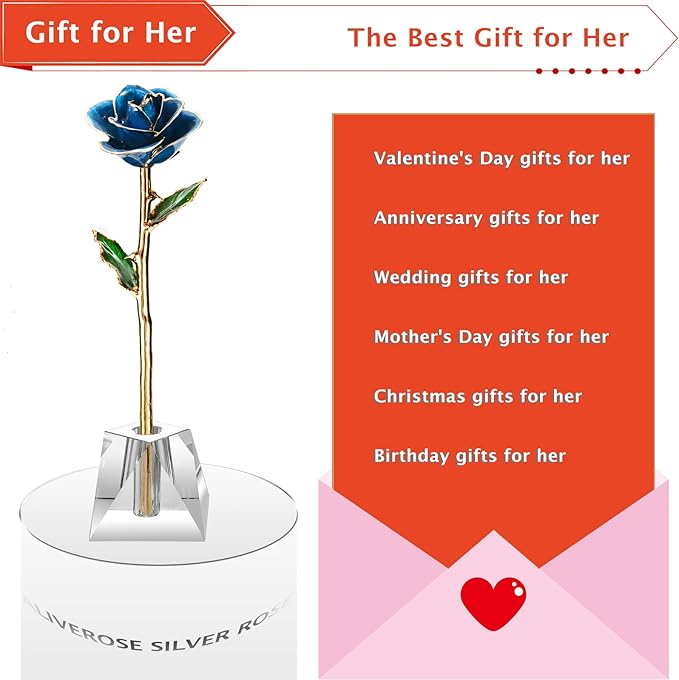 AliveRose 24k Gold Rose in Dipped,24k Gold Real Rose Gift for her, Long Stem Rose Made from Real Gold Rose for Anniversary Valentines Mothers Day Birthday (Deep Blue with Crystal Vase)