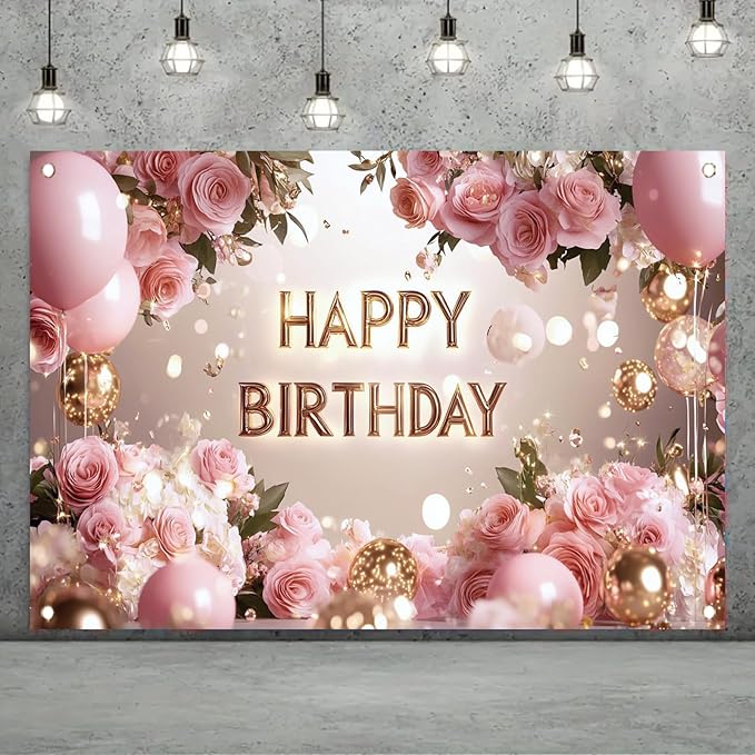 Pink Rose Happy Birthday Backdrop Banner Gold Letters Floral Photography Background Girls Birthday Party Decorations Elegant Party Supplies Photo Booth Props 71x43 Inch