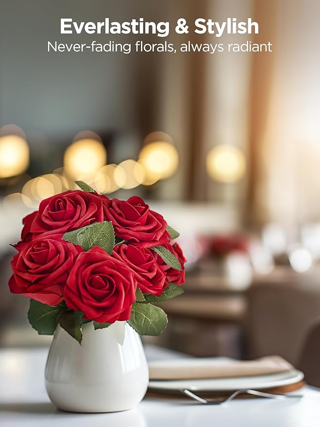 InnoGear Artificial Flowers, 25 Pcs Dark Red Foam Fake Roses Bulk with Stems for Decoration DIY Wedding Bouquets Centerpieces Bridal Shower Party Christmas Tree
