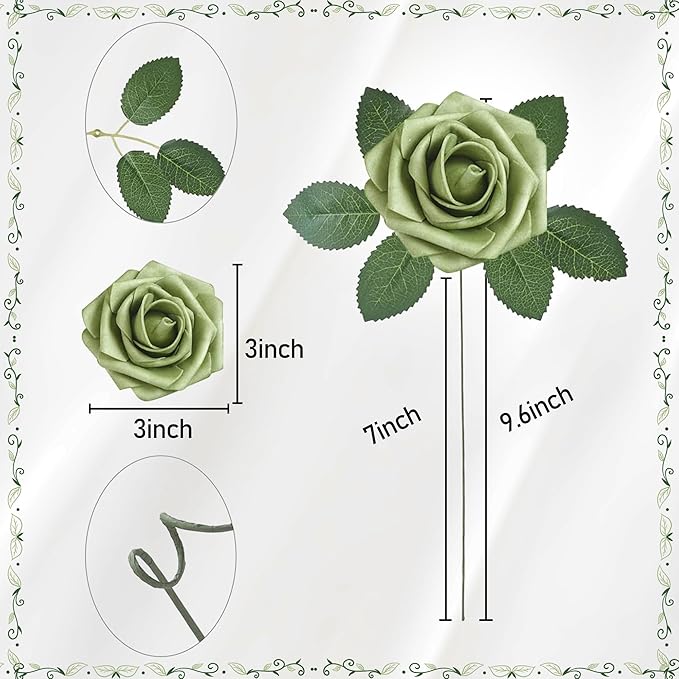 Artificial Flowers, 50pcs Artificial Rose for DIY Wedding Bouquets Centerpieces Flowers Arrangements, Elf Green Fake Flowers with Stems for Bridal Shower Graduation Events Decoration