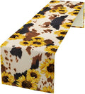 Cow Skin Print Table Runner, Vintage Sunflower Cottage Country Farm Animal Fur Skin Western Style Brown Cowhide Print Dinner Runner for Home Kitchen Dining Table 13x36in