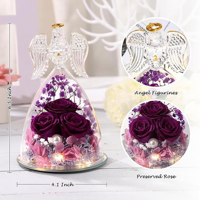 ANWEAO Christmas Angel Rose Gifts for Her, Glass Angel Figurine with Three Roses Gifts,Preserved Forever Real Rose Gifts for Women, Angel Guardian with Rose Flower Gifts, Birthday Gifts for Women
