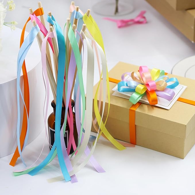 12 Rolls Pastel Rainbow Ribbon 3/8" X 60 Yards Thin Double Face Satin Ribbon Assortment for Crafts, Wreath, Gift Wrapping, Birthday Baby Shower Party Decoration and DIY Handmade Hair Bows