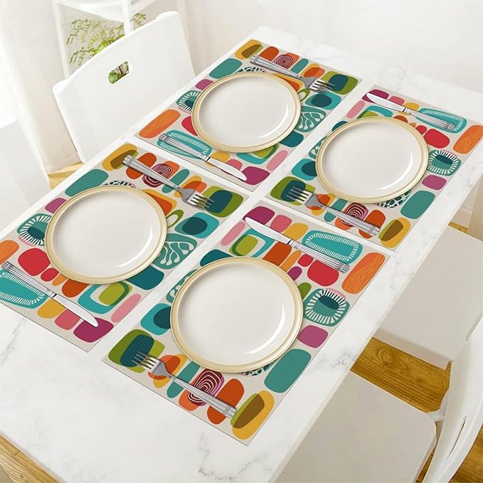 Mid Century Colorful Modern Placemats Set of 6,Kitchen Table Mats for Dining Outdoor Home Decor 12x18 Retro Place Mats 6 PCS, Style-15