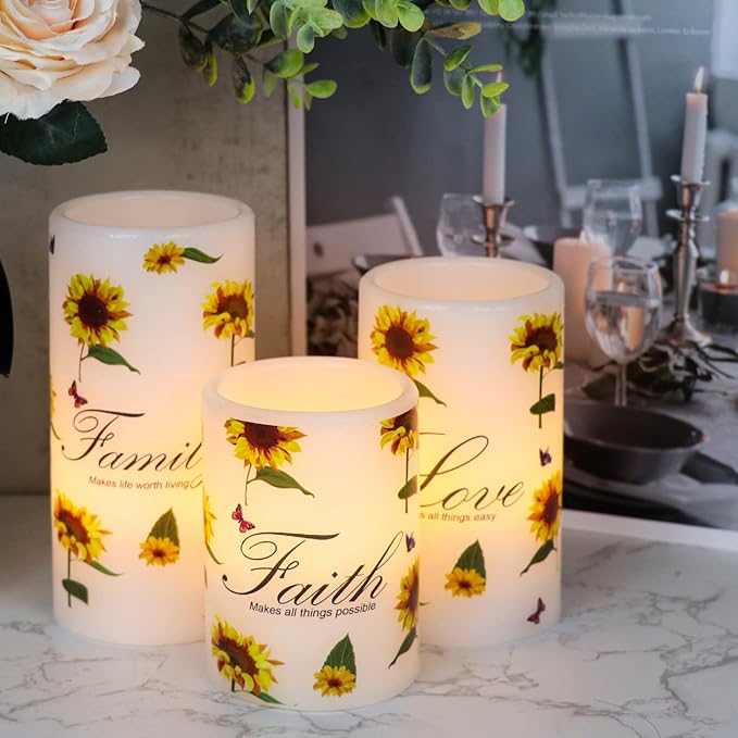 DRomance Sunflower Flameless Flickering Candles with 6H Timer, Set of 3 Battery Operated White Real Wax LED Pillar Candles Party Dinner Holiday Decor(3 x 4,5,6 Inches)