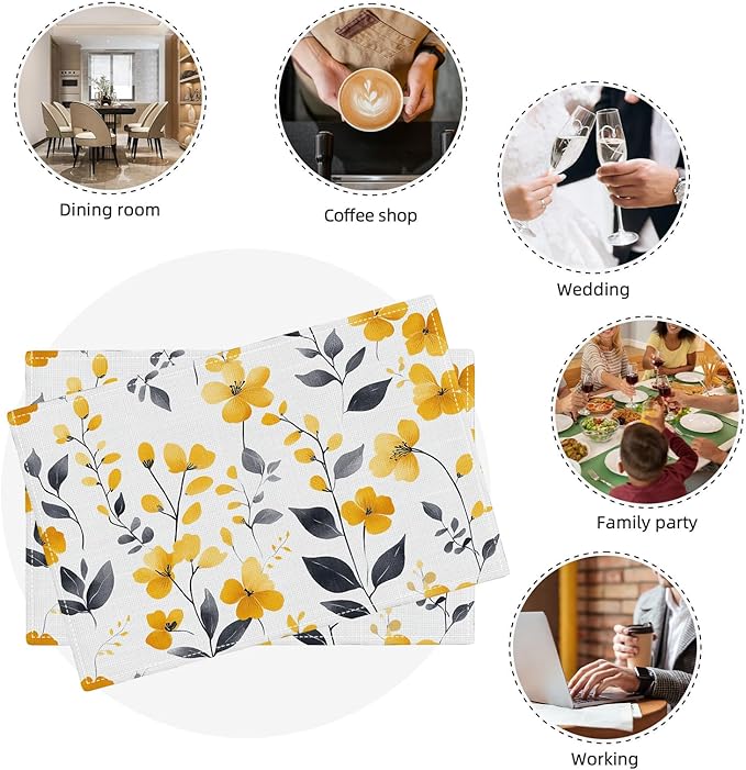 Farmhouse Yellow Flowers Placemats Set of 4, Rustic Floral Place Mats, Country Dining Table Mats, Washable Spring Placemats for Kitchen Dining Room Home Decor 18L'' × 12W''
