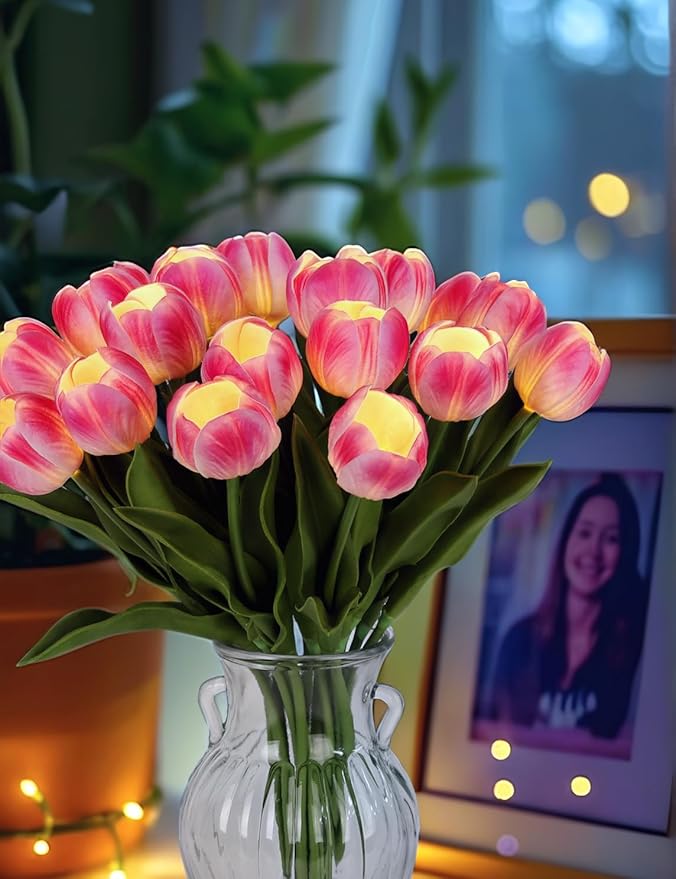 LED Lighted Artificial Tulip Lamp, Real Touch Tulip Flowers, 15 Inch Faux Tulip Bouquet with Battery Operated Lights for Gifts, Home Kitchedn Wedding Decor(Hot Pink)