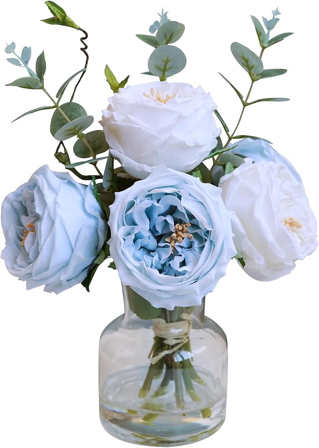 Forlaoers White Blue Roses Floral Artificial Flowers with Vase Silk Flower Arrangements in Fake Water Fake Flower Bouquet Centerpieces for Dining Center Table Decor Home Farmhouse Office Decorations