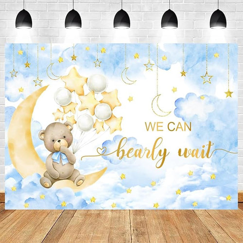 10x6.5ft Baby Shower Backdrop We Can Bearly Wait Photography Background Bear White Balloons Blue Clouds Moon Stars Cartoon Banner Decorations Birthday Party Newborn Portrait Photo Booth Prop