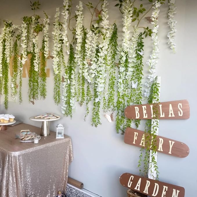 Artificial Wisteria Hanging Flowers Fake Wisteria Flower Garland Silk Vines Rattan Decor for Home Wedding Arch Wall Garden Greenery Bedroom Outdoor Office Party Decoration (36, White)