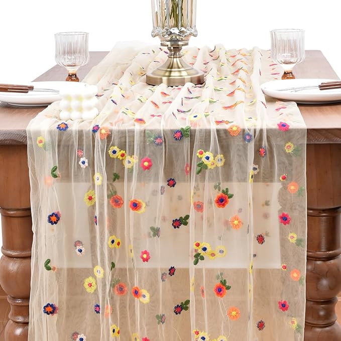 Joanlody 3pcs Champagne Embroidery Daisy Christmas Table Runner 10ft Florals Seasonal Tulle Table Runner Holiday Kitchen Dining Table Decoration for Home Party Indoor