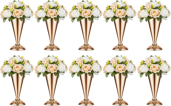 10 Pcs Tabletop Metal Wedding Flower Trumpet Vase, 9.8 inch Table Decorative Centerpiece Artificial Flower Arrangements for Anniversary Ceremony Party Birthday Event Aisle Home Decoration, Gold