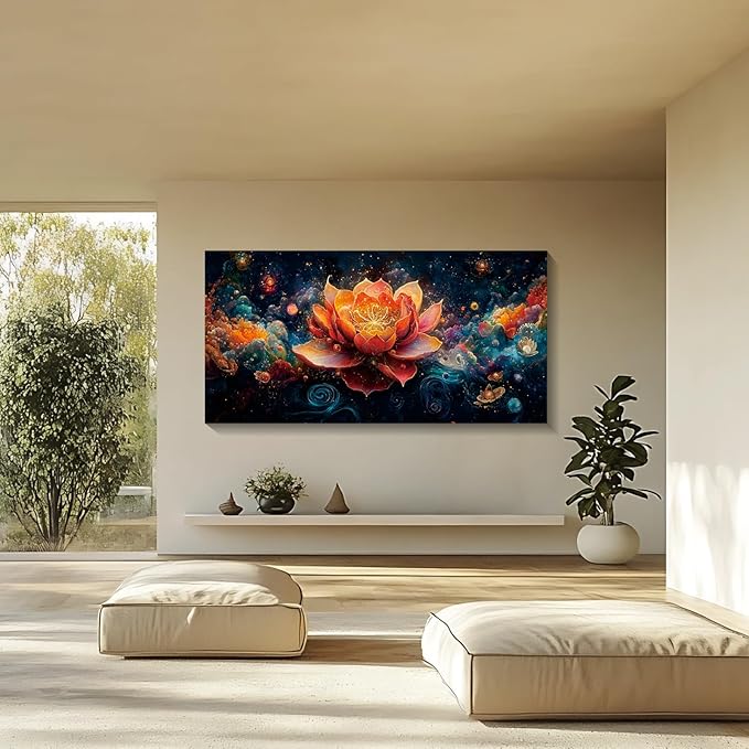 Iallbin Zen Stone Wall Art & Zen Wall Decor, Uminous Ornate Flower With Golden-Orange Petals -for Yoga Meditation Room, Spa & Bathroom, Golden Stamen Art Deco Style, Ready to Hang, 58x29 Inches