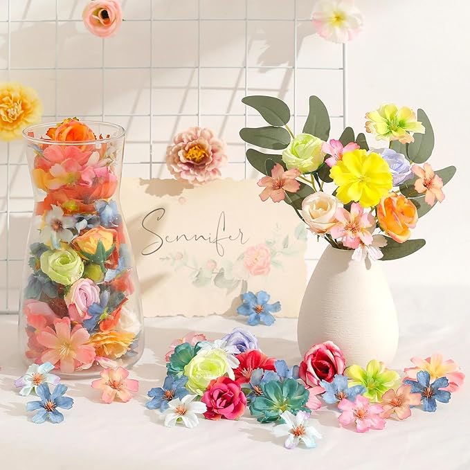 180Pcs Mini Fake Flower Heads Multicolor Small Silk Faux Flower Heads Artificial Rose Daisy Flowers Bulk for Cake Crafts DIY Graduation Cap Wedding Hair Dresses Wreath Party Home Decor