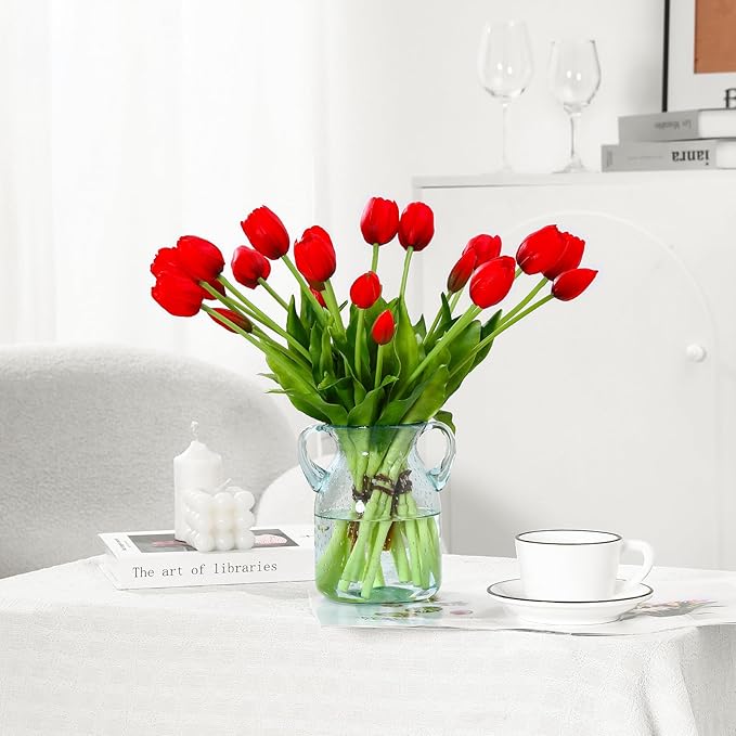 20PCS Black Red Fake Tulips Artificial Flowers Real Touch Latex Faux Tulips UV Resistant Fake Flowers Bouquet for Table Home Decor Party Wedding Garden Decoration