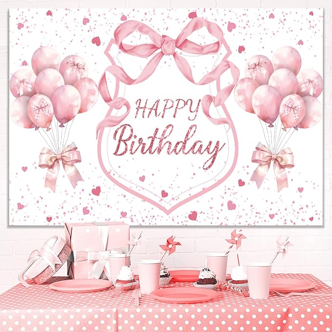 Pink Coquette Birthday Backdrop Decorations Pink Bows and Glitter Balloons Theme Background for Girls Women, Romantic Party Photo Banner for Bachelorette Birthday Decor 7x5ft