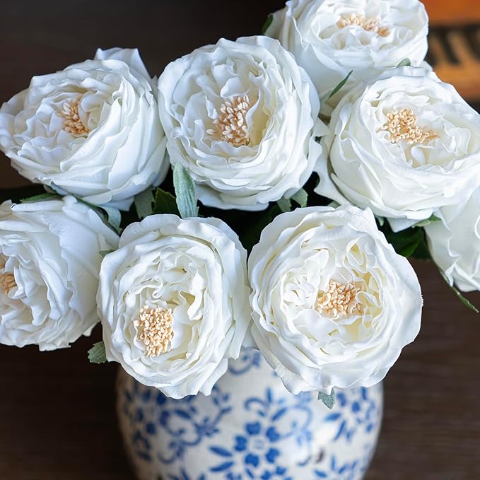 DUYONE White 4pcs Fake Flowers for Decoration Home Decor Real Touch Artificial Flowers Austin Rose Peony Latex Fake Flower Living Room Decoration Vivid Pink Roses Peonies(White 4pcs)