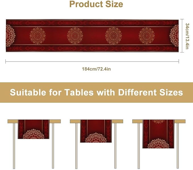 Luxurious Bohemian Table Runner, Red Gold Mandala Floral Boho Decor Table Runner for Kitchen Dining Festive Holiday Party Wedding Gathering, 13x36 Inch
