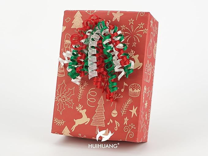 HUIHUANG Christmas Bows for Gift Wrapping Red/White/Green Curly Bows with Self Adhesive & Twist Tie, 7 inch X-mas Ribbon Bow for Presents, Gift Basket, Fall Decor, Party Favors- 6 Counts