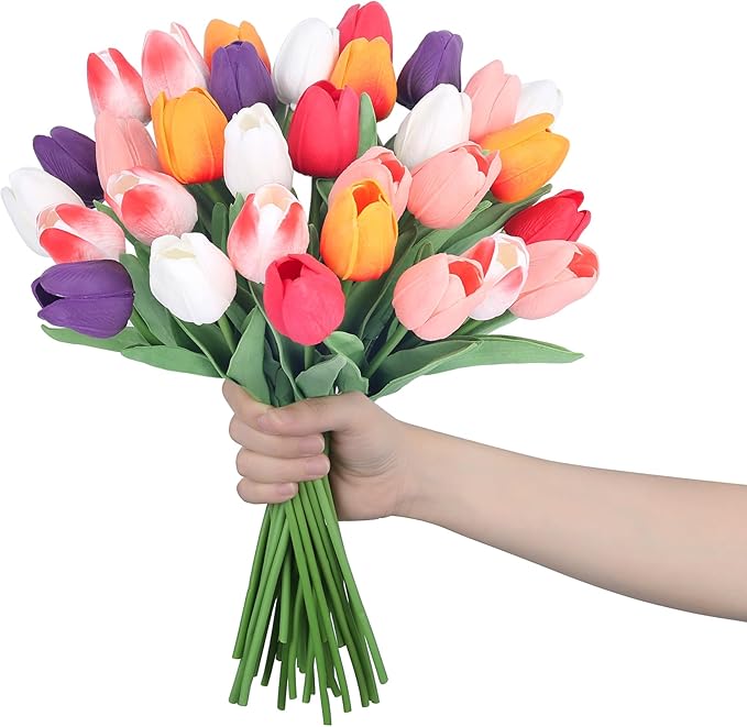 5 Color 20pcs Tulips Artificial Flowers for Real Touch Fake Tulips Slik Faux Flowers for Summer Wedding Bouquet Easter Mother's Day Home Decor (14 Inch)