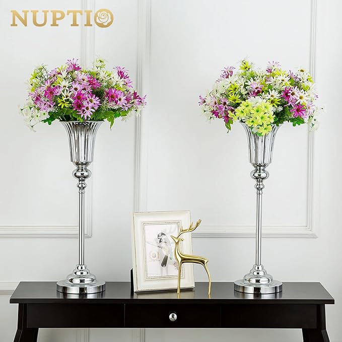 NUPTIO Flower Vase Centerpiece Wedding: 2 Pcs 26.7" Tall Silver Stand Metal Trumpet Vases for Wedding Party Table Decoartions