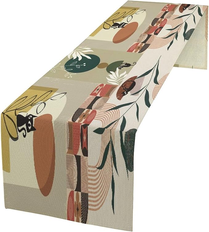Mid Century Table Runner,Abstract Boho Plant Leaf Botanical Cat Modern Geometric Pattern Print Burlap for Hotel Indoors Outdoor Dining Room Kitchen Home Decor, 13x80in