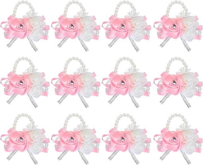 MECCANIXITY 12Pcs Wrist Corsage Artificial Flower Bracelets Rose Wrist Bride Groom Decorative for Wedding Ceremony Prom Party Anniversary Pink